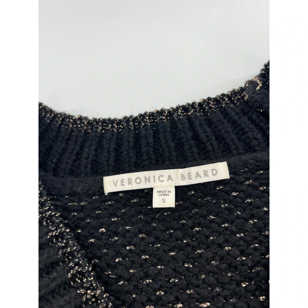 Veronica Beard Mirnie Black Metallic Chunky V-Neck Sweater Alpaca Wool Blend S